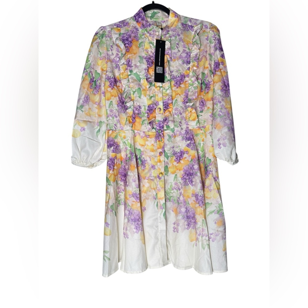 Lai Meng Five Cats Dress Medium Mini Floral Purple White Ruffle Button Front NWT